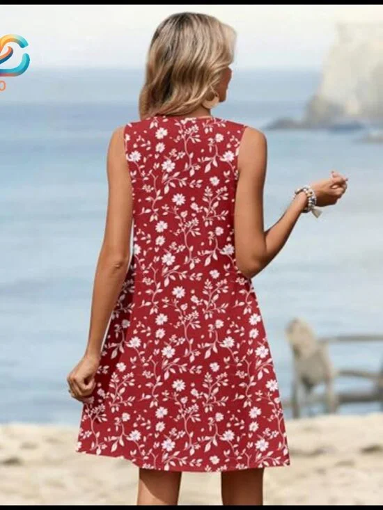 Sleeveless V-Neck Pleated Sundress with Pockets, Knee Length Casual Dress - Picture 5 of 6